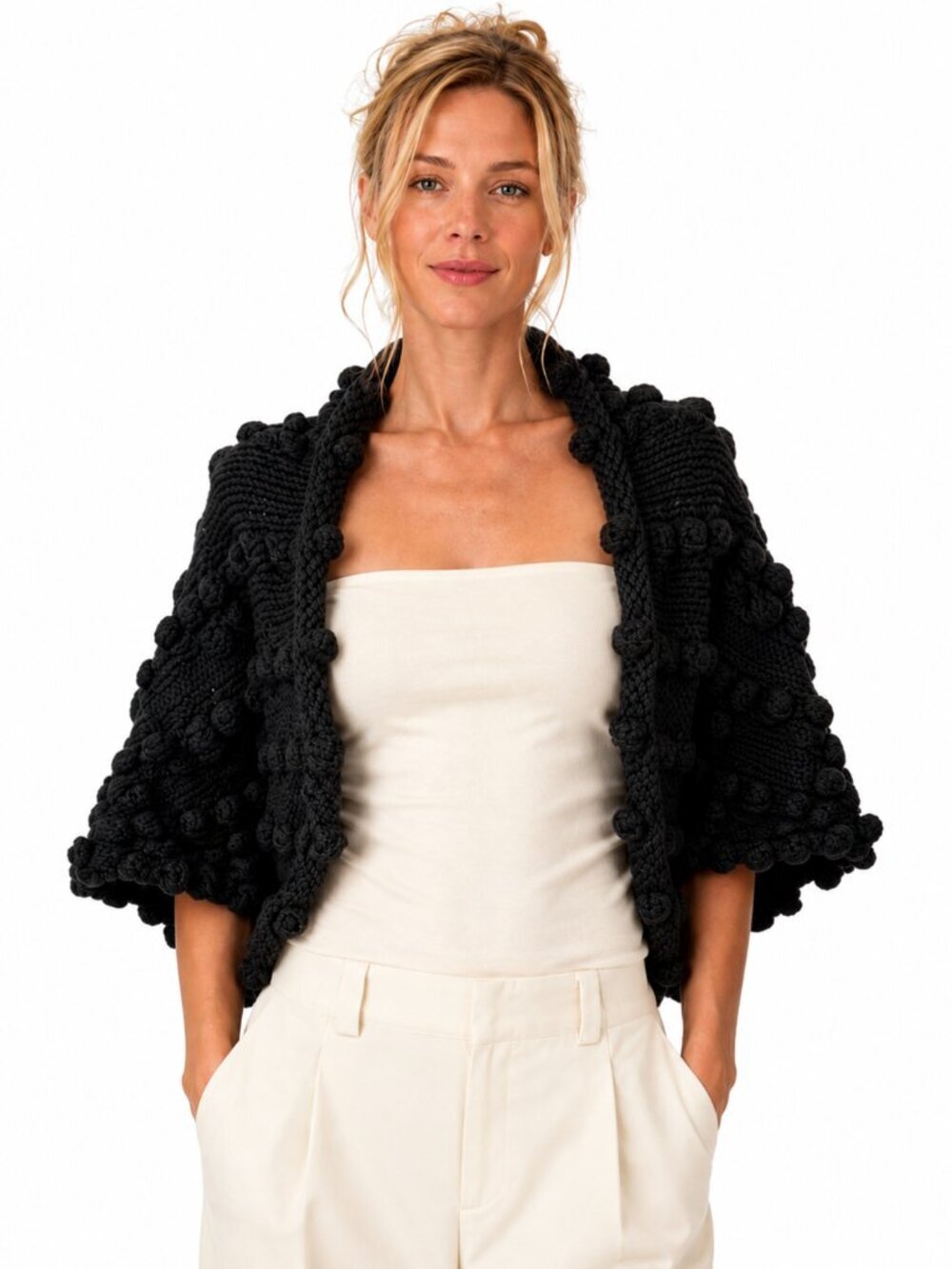 Adam Lippes Adam Plus Eve Chunky Poms Knit Sweater Shrug Cardigan Black Size S